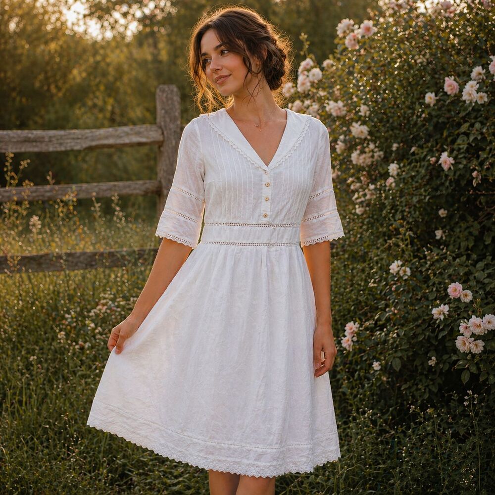 Simple Retro Fiona White Cotton Midi Dress XS Lace Embroidered Prairie Cottage